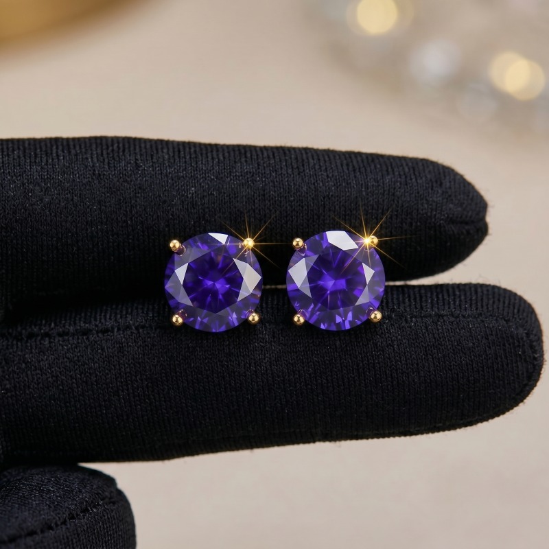 Women's Purple Zirconia Golden 925 Silver Earrings, Classic Design